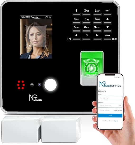 NGTeco Cloud-Based Clocking in Machine, TC1 Time Clocks for Employees with Fingerprint, RFID, PIN, Face Recognition Attendance Machine, For Up to 200 Users, 2.4GHz WiFi, Enabling Remote Management