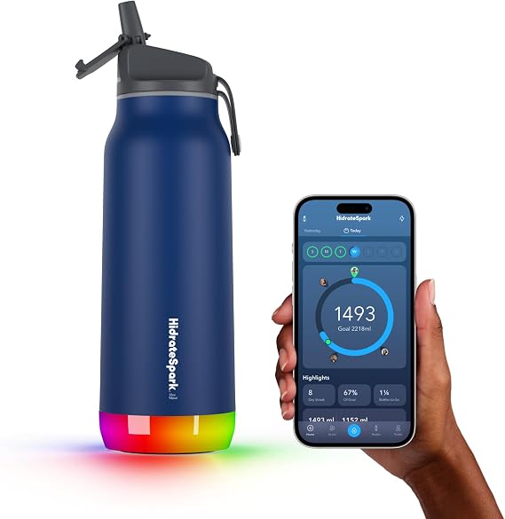 Hidrate Spark PRO Smart Water Bottle Insulated Stainless Steel Tracks Water Intake with Bluetooth, LED Glow Reminder When You Need to Drink Straw Lid, 32 oz, Deep Blue