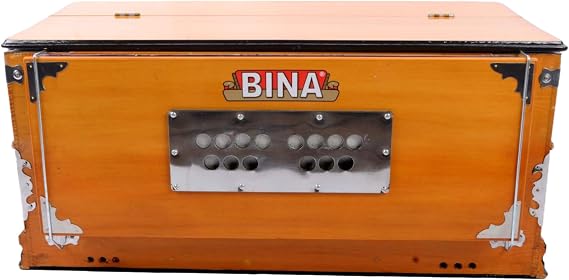 Harmonium BINA no. 9 Indian Harmonium, 2024 Edition,3 1/2 octaves, 9 stops, 4 extra notes, multifold bellows, BINA special reed,Checked & Retuned by Aakrati Musicals Safri, Natural Color, Kirtan,