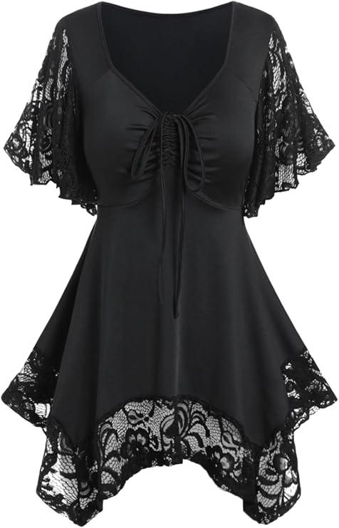 ROSE GAL Women's Plus Size Flower Lace T-Shirt Curve Flower Lace Insert Criss Cross Batwing Sleeve Handkerchief Top