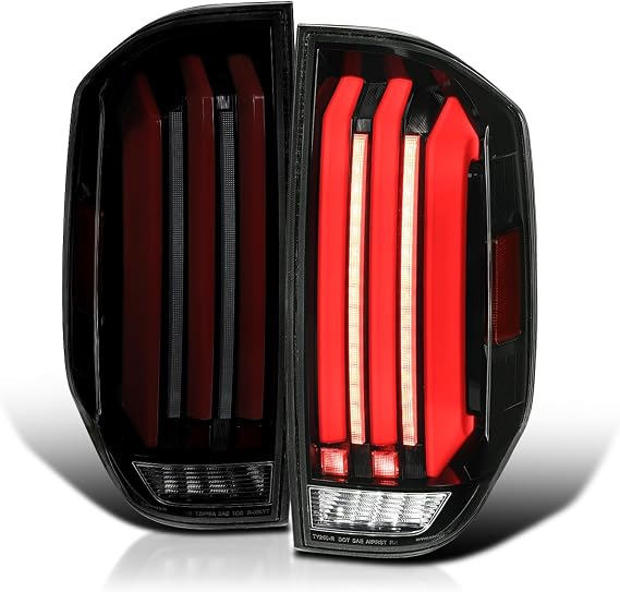 SPEC-D TUNING Glossy Black Smoke Full LED Strip Tail Lights w/Red Sequential LED Light Bars and Startup Animation Compatible with 2014-2021 Toyota Tundra, Left + Right Pair Assembly