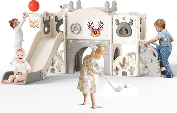 11-in-1 Toddler Activity Centre,Kids Slide with Climbing Frame & Basketball Hoop Golf, ASTM Certified Indoor Outdoor Play Equipment for Kids (Elk Beige-Gray)