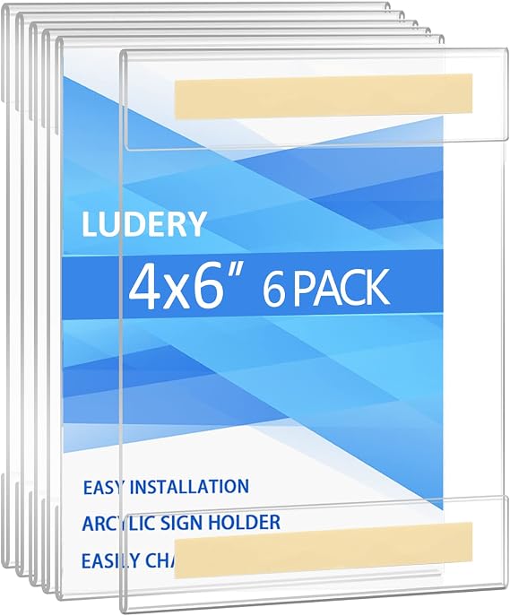 Acrylic Sign Holder 4x6 , Sign Holder Wall mount Door Sign Memo Holder ,Clear Wall Frame with Double Sided Tape Adhesive For Office, Home, Store, Restaurant, No Drilling - Vertical (6 Pack)