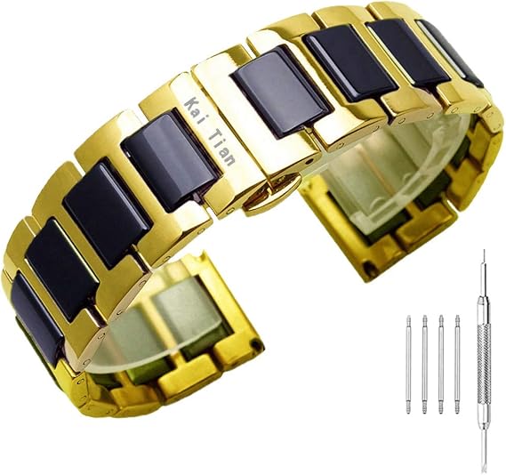 Kai Tian Stainless Steel Ceramic Watch Band Links 18mm/20mm/22mm Watch Wrist Bands Mens Watch Bracelet with Butterfly Buckle