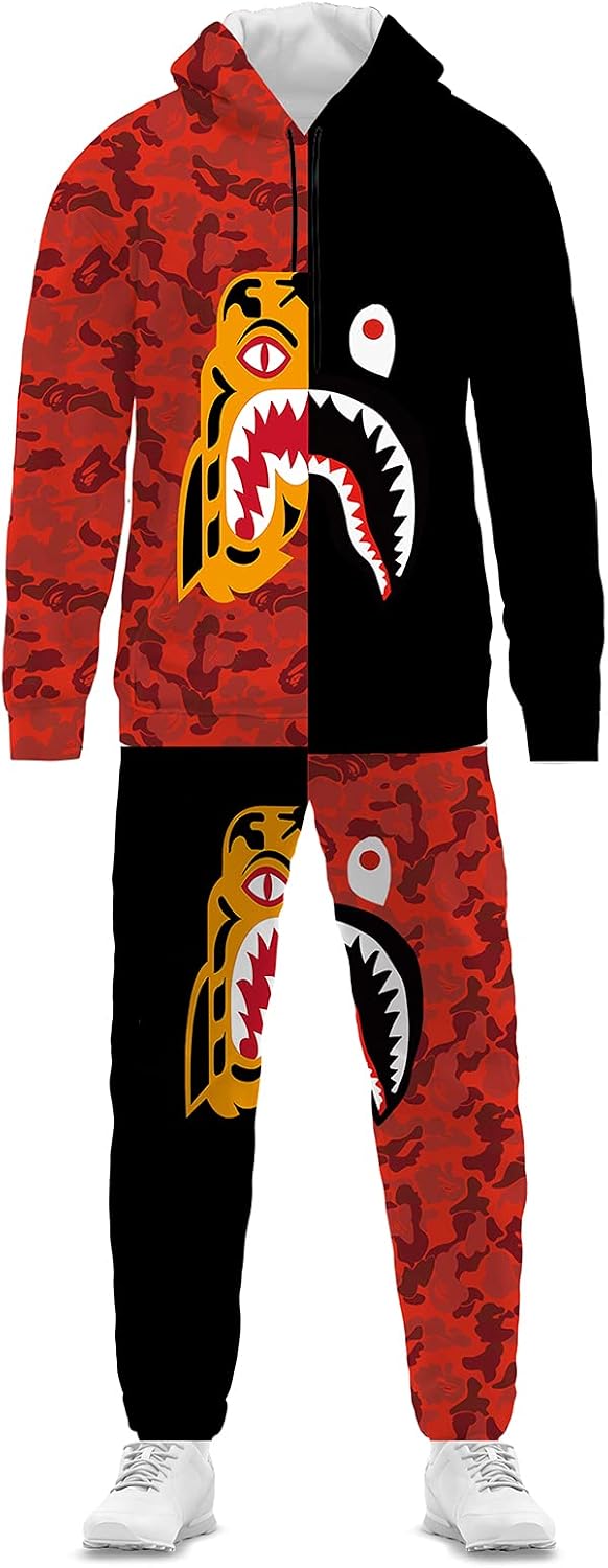 Bape Shark Camo Hoodie And Pants 2-pc Fashion Tracksuit Unisex For Men Women Boys Girls