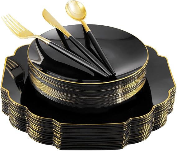 Supernal 150pcs Gold Plastic Dinnerware Set Include Black Disposable Plates Heavy Duty Black and Gold Plastic Silverware for Party Birthday Bridal Shower