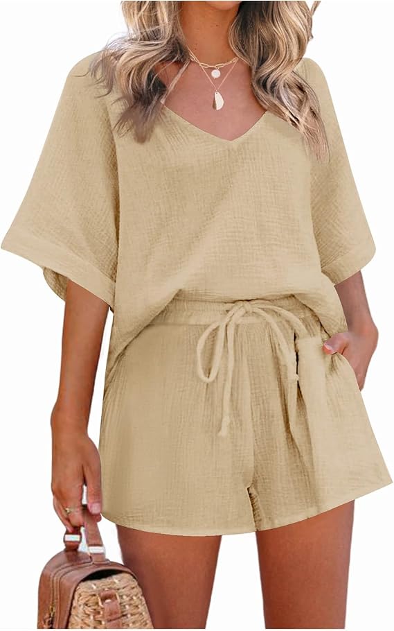 ZWRXW Women's Two Piece Outfits Linen 2 Piece Lounge Sets Comfy V Neck Short Sleeve Shirts and High Waist Shorts Pajamas Set