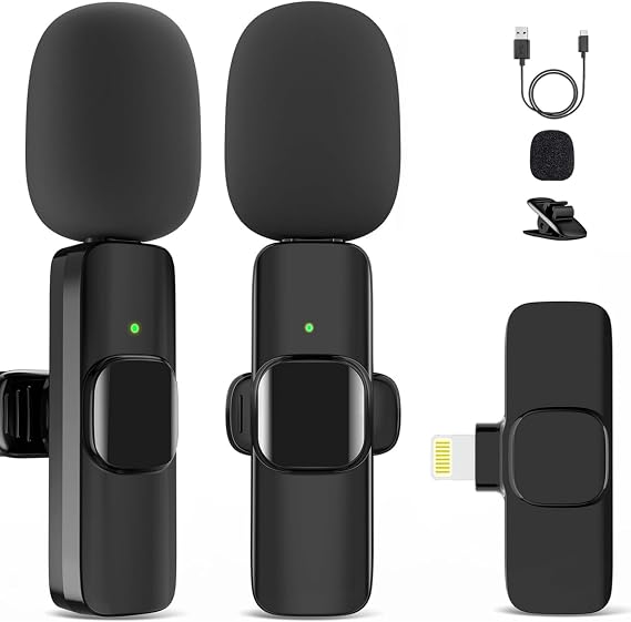 Microphone for iPhone, 2 Pack Wireless Microphones, Mini Mic, Lavalier, Recording Lapel Mic, Plug-Play, Clip On Microphone with Noise Reduction for Interview/Tiktok (for iPhone14 and Below)