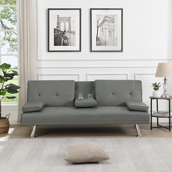 Sofa Bed with Armrest Two Holders Wood Frame, Stainless Leg, FUTON PVC (Grey + Leather + 2 Seat)