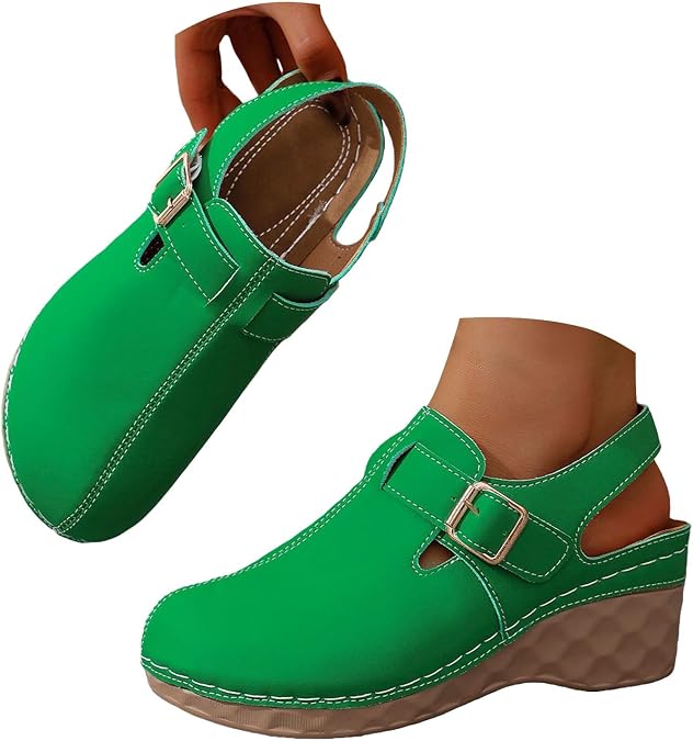 Momolaa Women's Wedge Heel Clogs Mules with Back Strap Comfortable Closed Toe Wedge Shoes Sling-Back Walking Mules with Arch Support Footwear