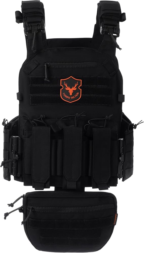 Tactical MOLLE Vests with Triple mag Pouch and Front Pouch, Quick Release Vest Set for Men, Black