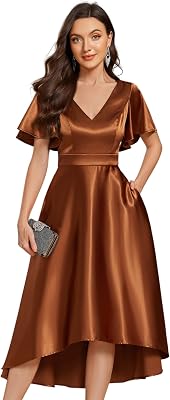Ever-Pretty Womens Satin Short Ruffles Sleeves A Line Empire Waist Wedding Guest Dress with Pockets 02335