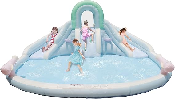 Bounceland Double Dream Play Water Slide, 13.8 ft L x 13.8 ft W x 6.6 ft H, Water Park, Large Splash Pool, Outdoor Fun with Dual Slides, Water Spray, Climbing Wall, Pastel Color, Active Play for Kids