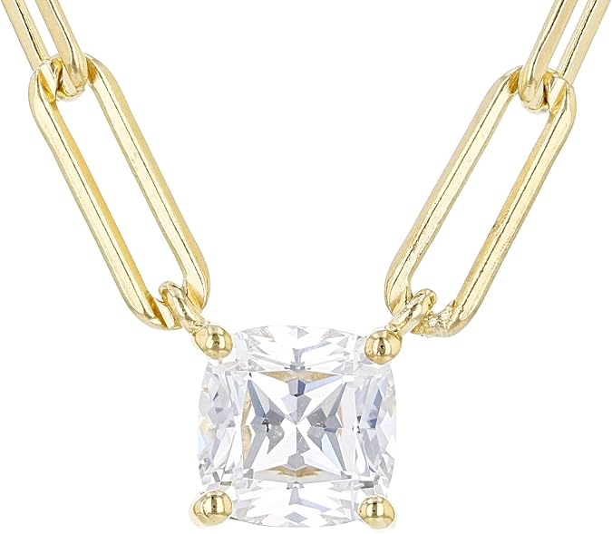 JTV Trendy Paperclip Chain Layering Necklace for Women - Sterling Silver - CZ Solitaire Pendant - Elegant Cubic Zirconia Jewelry - Gift Box Included - 18"