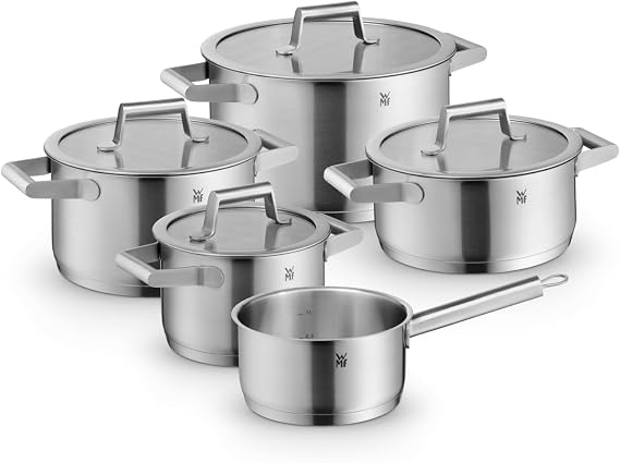 WMF Comfort Line 5-Piece Induction Saucepan Set with Glass Lid Matt Cromargan Stainless Steel Scale Induction Pots Set Stackable Uncoated