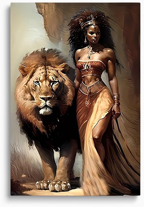 African Goddess Warrior and Lion Wall Art Divine Feminine Wall Decor Warrior Woman Painting,Vintage African Woman Art Print,Modern Wildlife Canvas Decoration for Bedroom Living Room Dorm Office Framed 12x16