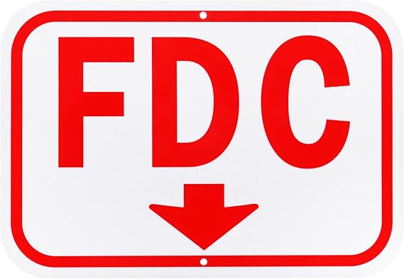 M METERXITY 1-Pack FDC Sign, 9.8" x 6.7" (L x W) "FDC" Fire Department Connection Metal Sign, Outdoor Aluminum Metal Sign for Fire Department Connection [Red on White, with a Red Down Arrow]