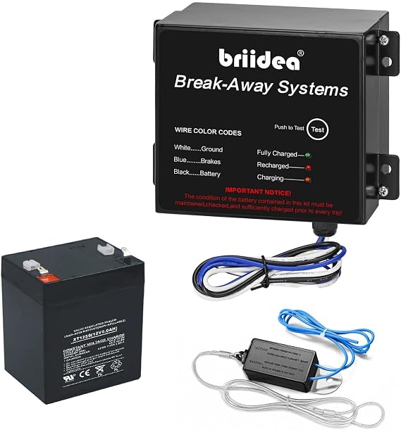 Briidea Trailer Brakeaway Kit, 12V 5Ah Battery & Charger, LED Status Indicator, Durable All-Metal Waterproof Enclosure, for Trailer & RV Towing