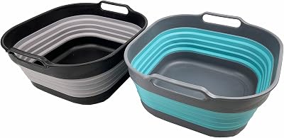 SAMMART 10L 2.64 gallon Collapsible Dishpan - Foldable Washing Basin - Portable Dish Washing Tub - Space Saving Kitchen Storage Tray Alloy Grey  Crystal Blue