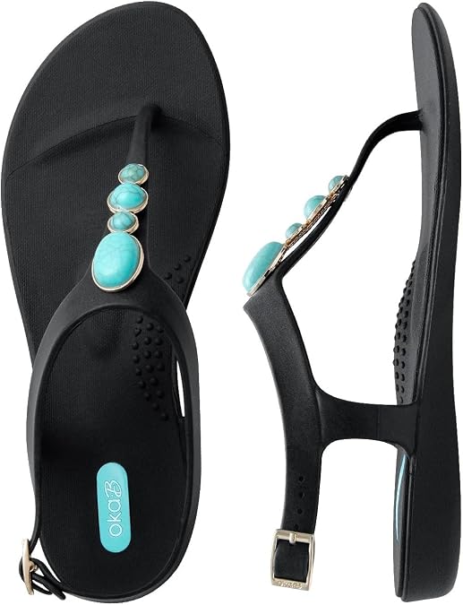 Oka-B Women's Carson Isla T-Strap Flip Flop Sandal with Blue Stone Charms