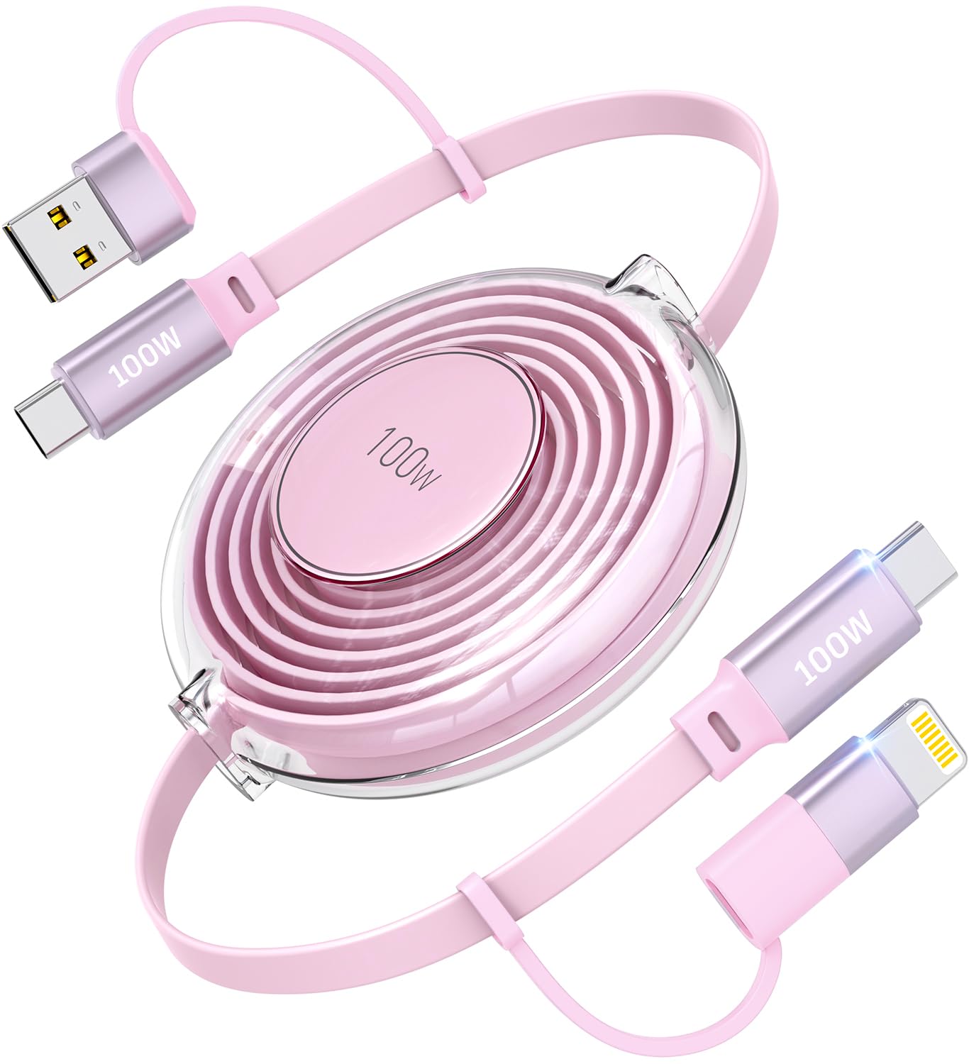 Retractable USB-C Cable, 100W 4-in-1 Multi Charging Cable, USB-CA to LightningUSB-C Retractable Charger Cord for iPhone 16, iPhone 15, Samsung, MacBook, iPad Pink