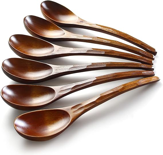 AOOSY 6 Pcs Wooden Soup Spoons, 7.84 Inches Japanese Ramen Spoon