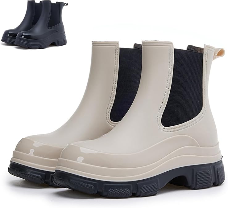 Women's PVC Lightweight Non-Slip Low Chunky Heel Short Rain Boots Fashion Comfortable Round Toe Waterproof Elastic Pull On Platform Chelsea Boot for Outdoor Work