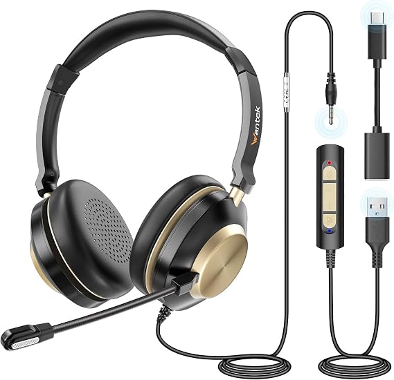 Wantek USB Headset with Microphone for PC Laptop Type C USB 3.5 mm Jack 3 in 1 Noise Cancelling Headphones with Volume Control for Call Center Skype Zoom Home Office Online Courses