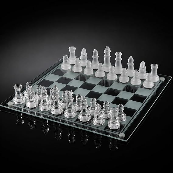 Coverzone Glass Chess Cam Satranç Takımı, Şeffaf ve Buzlu Cam Taşlı, 25x25cm