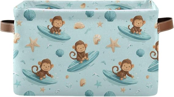 Monkey Surfing Seashell Square Baskets Storage Bins Foldable Fabric Organizer Bin Open Home Shelf Baskets