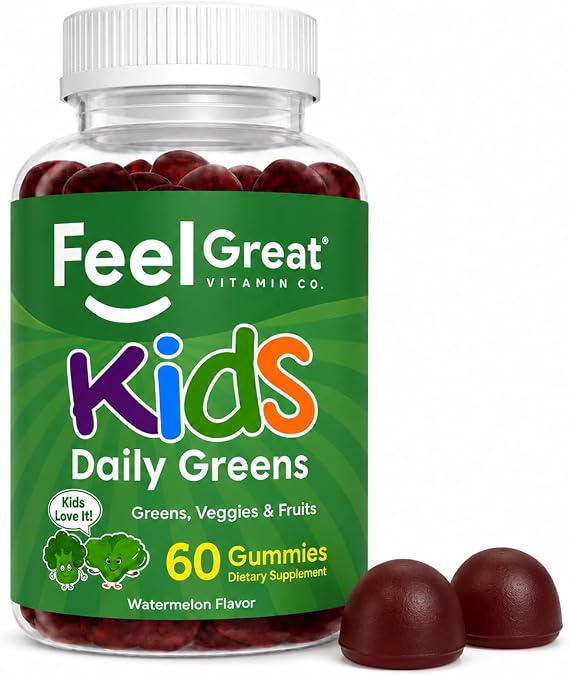Feel Great Super Green Gummies for Kids | Fruit and Vegetable Gummies | Vegan Veggie Gummy Multivitamin for Kids | Veggie Fiber Supplement | 60 Count