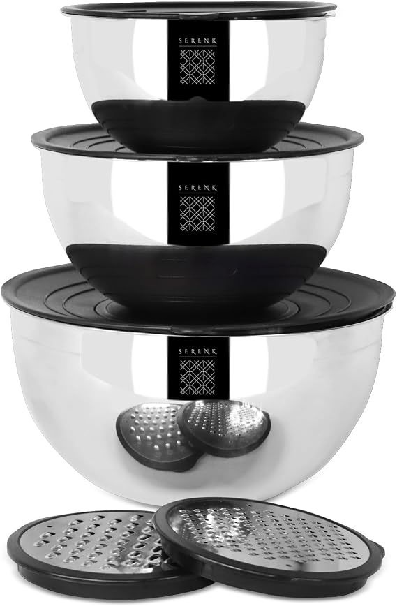 Serenk Modernist 9 parça Rendeli Çelik Karıştırma ve Saklama Kabı Seti | 18/10 paslanmaz çelik, 1.35/3.00/4.60 L, hava geçirmez, 2 rende, Türkiye'de üretilmiştir