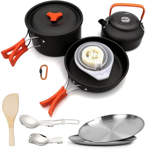 yoyomax 14pcs Camping Cookware Mess Kit, Non-Stick Lightweight Pots Set Stainless Steel Portable Outdoor Cookware for Camping Backpacking Hiking Outdoor Cooking and Picnic - Camp Accessories Equipment