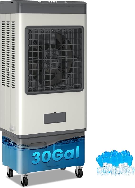VCJ 8978CFM Swamp Cooler, Evaporative Air Cooler with 30Gal Water Tank, 8 Ice Packs, 120Oscillation, 3 Speeds, Swamp Cooler Air Conditioner for Outdoor Patio Garage Commercial Industrial Use