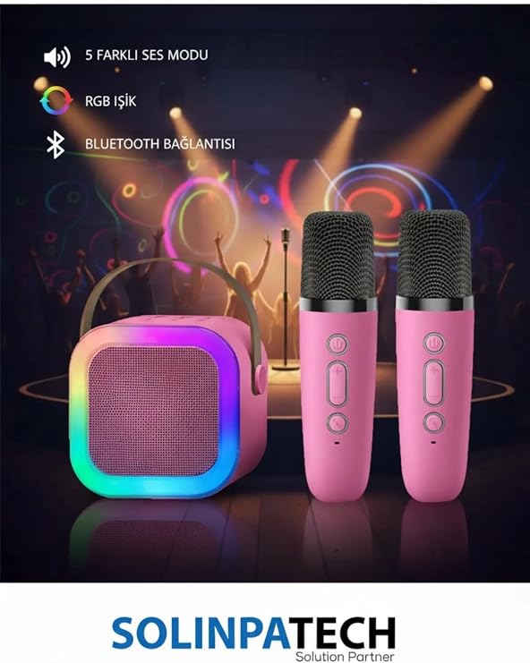 Çift Karaoke Mikrofonlu Pembe Kablosuz Bluetooth RGB Işıklı 5 Ses Efektli Stereo Ses Usb/Sd Hoparlör