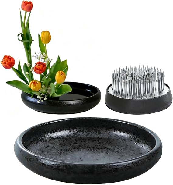 Ikebana Flower Arranging Kit with Ceramic Vase & Kenzan Flower Frog, Beginner Japanese Flower Arrangement Set for Fresh Flowers, Glazed Black Ikebana Bowl for Home Decor, Relaxation & Gift