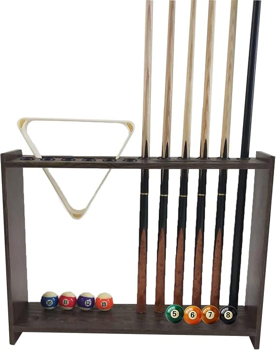 Pool Cue Rack Holder, Pool Stick Holder Holds 12 Cues 8 Billiard Balls and 2 Ball Rack, Wooden Floor Stand for Game Room, Billiard Room, Club