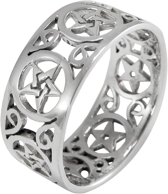 Moonlight Mysteries Pentagram Band Ring - 925 Sterling Silver Wide Men's and Women's Wiccan Pentacle Ring (Sizes 4-15)