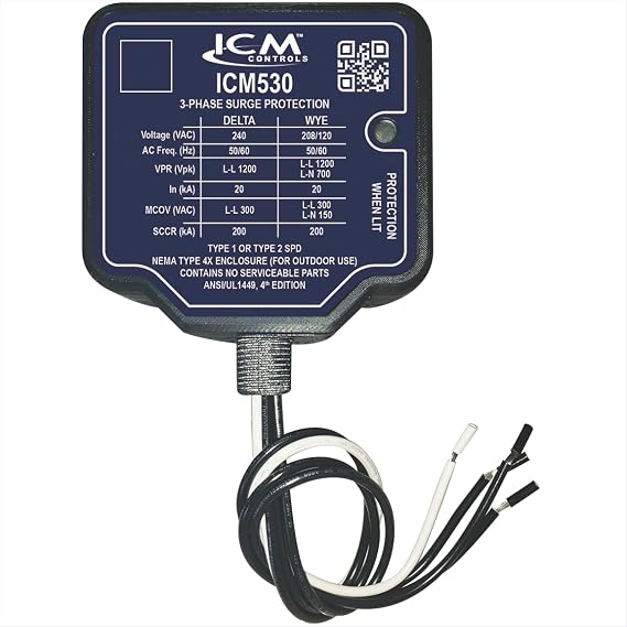 ICM530 3-Phase Type I/II SPD; NEMA Type 4X Waterproof Plastic Enclosure with 3/4" Conduit Connection and Status LED; 240VAC Delta or 120/208 VAC Wye Config. SCCR: 200 kA, UL Listed