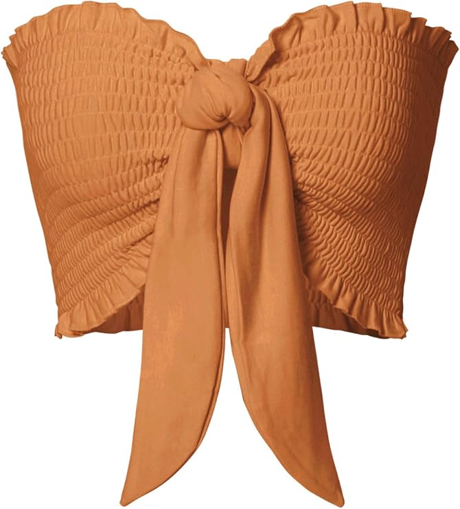 MixMatchy Women's Soft French Terry Smoked Tie Front Bandeau Tube Crop Top