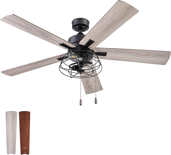 Prominence Home Marshall 52 Inch Industrial Style LED Ceiling Fan with Light, Pull Chain, 3 Mounting Options, Dual Finish Blades, Reversible, Black