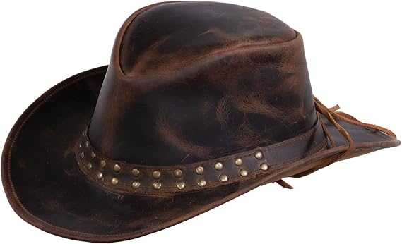 Outback Trading Hemlock Leather Durable Brown Cowboy Hat with Chin Cord & Double Studded Hatband, Brown, S