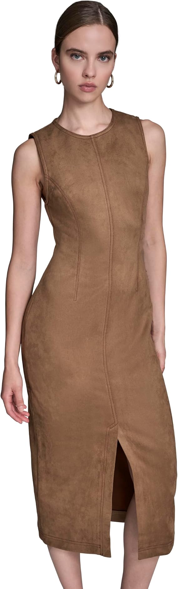 BCBG Women's Sleeveless Jewel Neck Sleeveless Front Slit Midi Dress