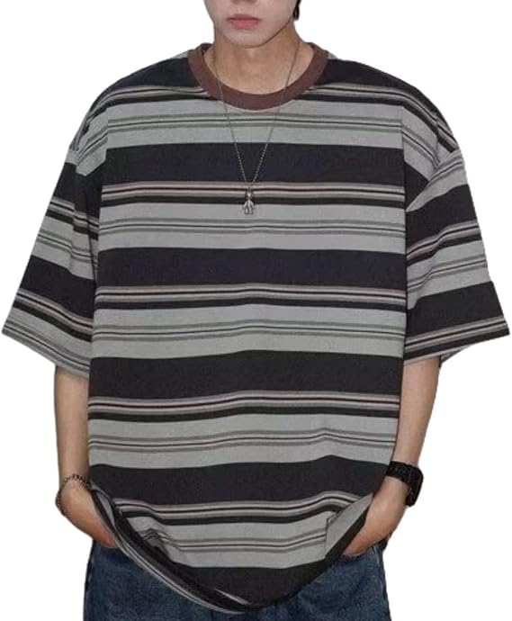 Y2k Graphic Tee Men Oversized Tees Baggy Streetwear Shirts Crewneck Stripe T-Shirt Summer Tops
