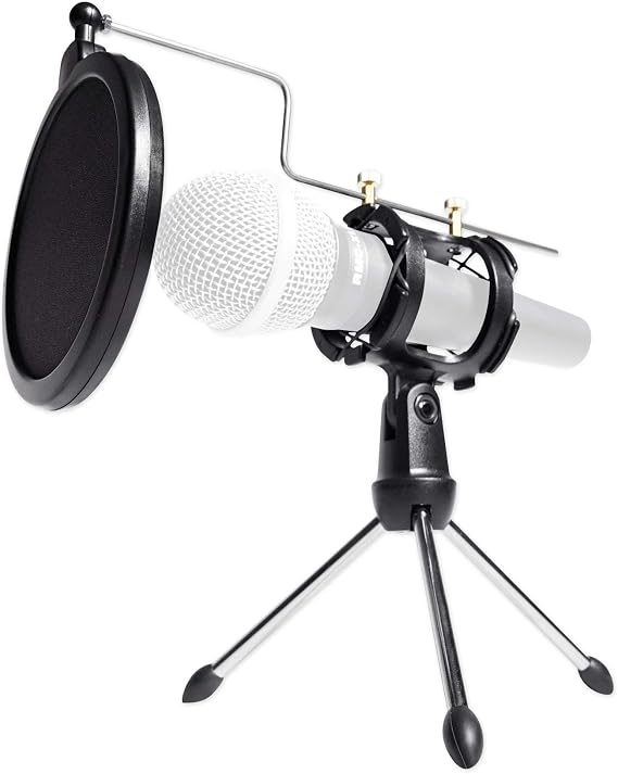 Rockville RTMS21 Dynamic Desktop Tripod Microphone Stand with Shock Mount and Pop Filter, Adjustable Angle, Durable, Lightweight, Ideal for Podcasting, Recording, Broadcasting