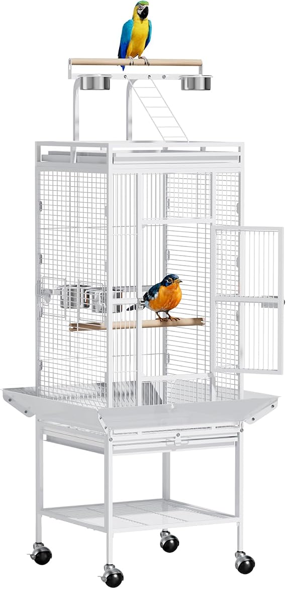 VINGLI Bird Cage with Wheels, 62 inch Bird Cages with Play Top, Wrought Iron Cage with Rolling Stand for Parrots, Cockatiels, Budgies, Lovebirds, Small/Medium Birds (White)