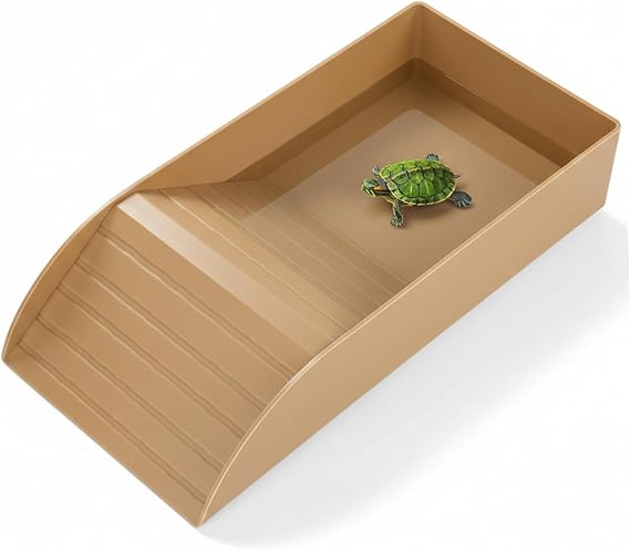 Tortoise Table, Tortoise Water Bowl with Ramp, 12x5.9x2.4 Inch Reptile Water Dish for Soaking and Feeding, Safe Plastic Bath with Non-Slip Slope for Turtles, Lizards, and Amphibians Brown