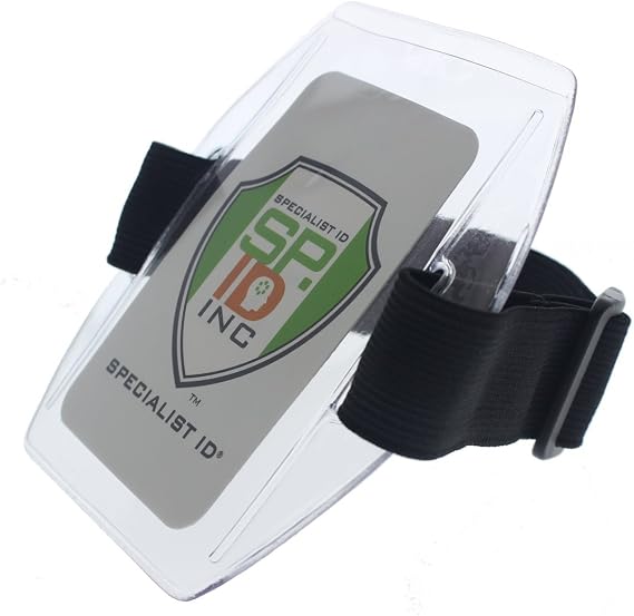 Armband Badge Holder with Black Adjustable Elastic Arm Band & Hook and Loop Fastener - Secure, Clear Plastic Display of Work I'd Card, Ski Pass, Lift Ticket & More by Specialist ID