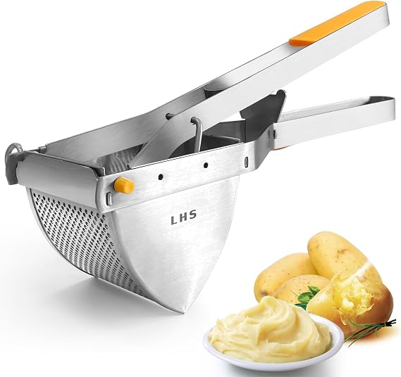 LHS Stainless Steel Potato Ricer and Masher, Heavy Duty Commercial Food Masher, Ergonomic Comfort Grip, Extra Large Capacity, Dishwasher Safe (Orange)