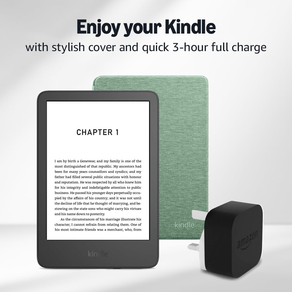Kindle (2024 Release) 16 GB with ads, an Amazon Fabric Cover and an Amazon Powerfast 9W Power Adapter